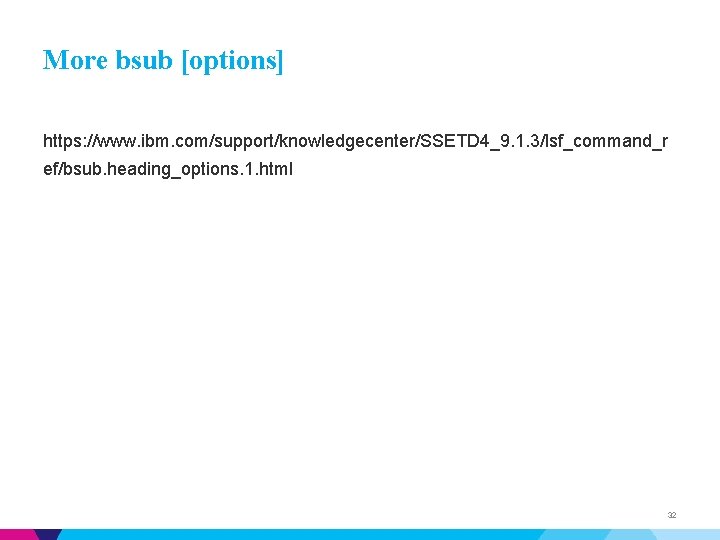 More bsub [options] https: //www. ibm. com/support/knowledgecenter/SSETD 4_9. 1. 3/lsf_command_r ef/bsub. heading_options. 1. html