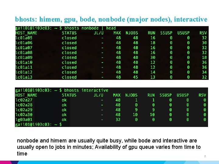 bhosts: himem, gpu, bode, nonbode (major nodes), interactive nonbode and himem are usually quite
