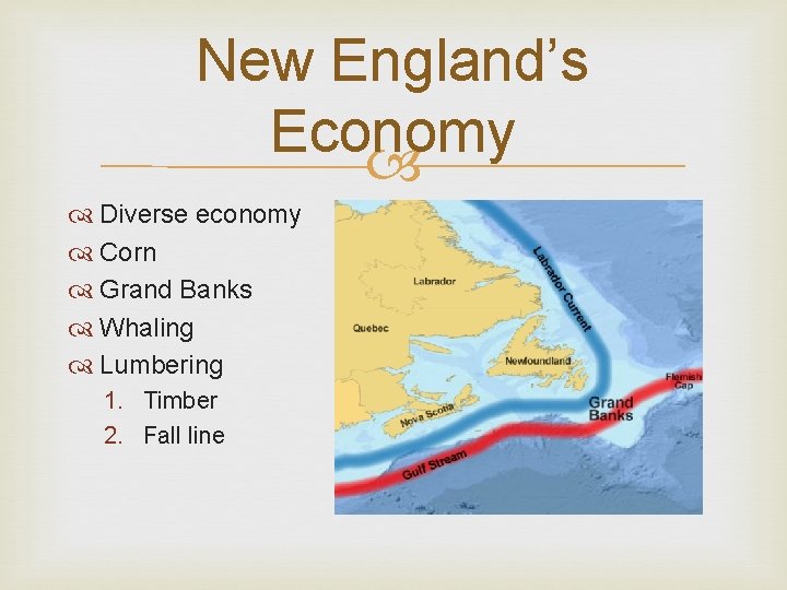 New England’s Economy Diverse economy Corn Grand Banks Whaling Lumbering 1. Timber 2. Fall