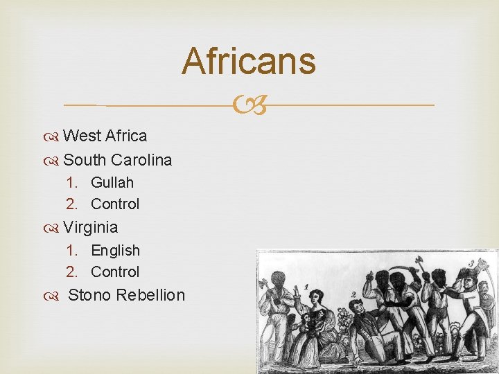 Africans West Africa South Carolina 1. Gullah 2. Control Virginia 1. English 2. Control