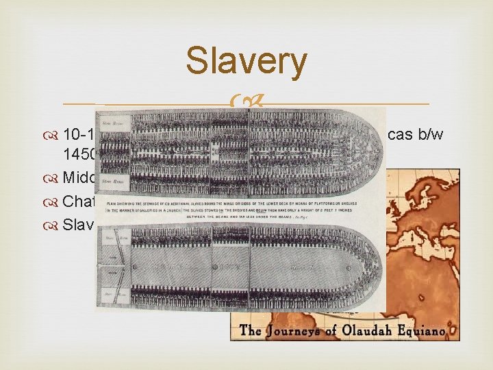 Slavery 10 -12 million slaves transported to the Americas b/w 1450 -1870 Middle Passage