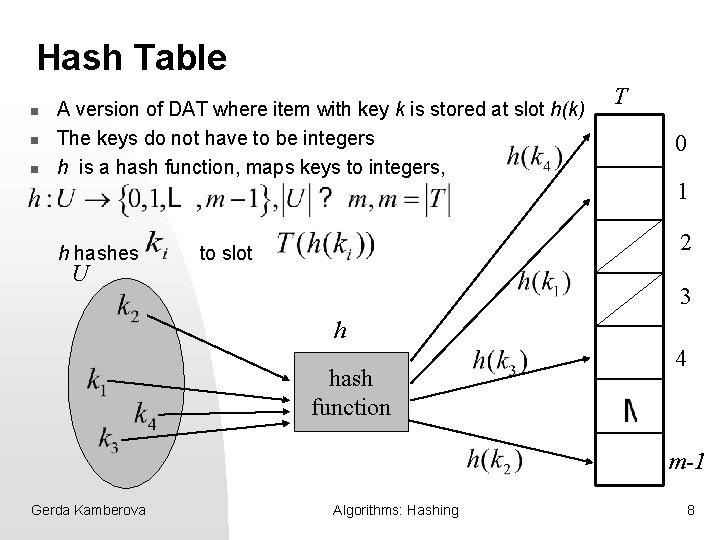 Hash Table n n n A version of DAT where item with key k