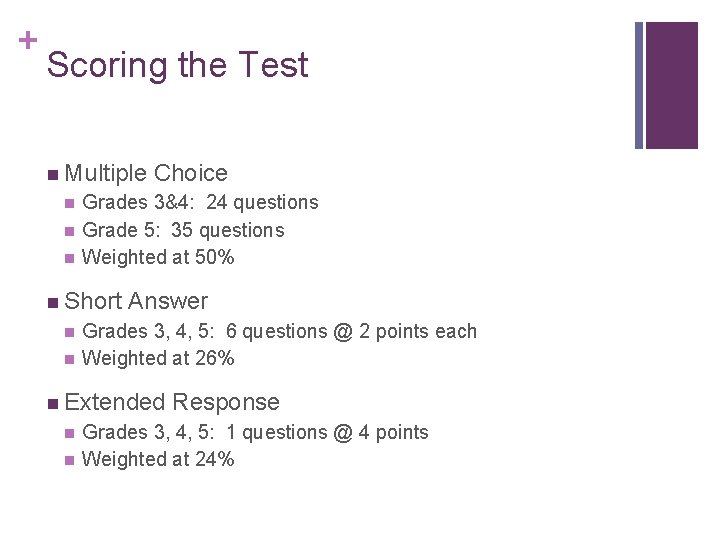 + Scoring the Test n Multiple n n n Grades 3&4: 24 questions Grade