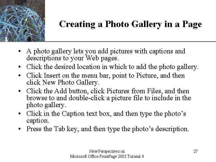 XP Creating a Photo Gallery in a Page • A photo gallery lets you