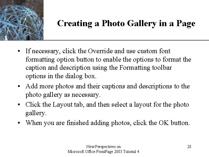 XP Creating a Photo Gallery in a Page • If necessary, click the Override
