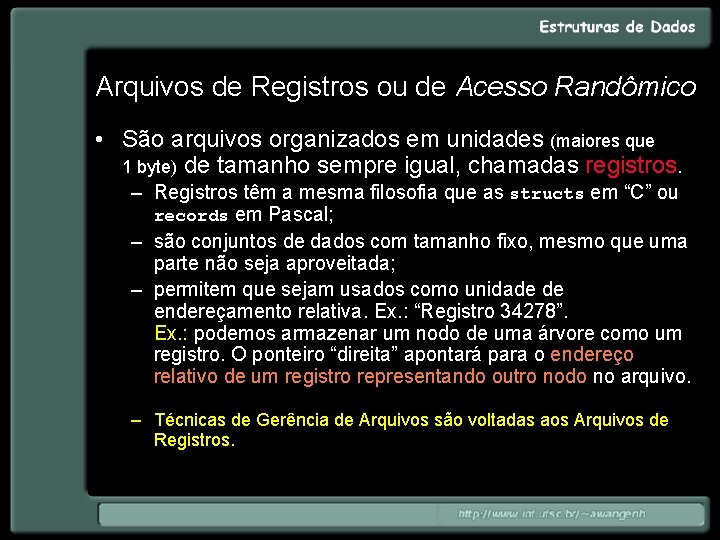 Arquivos de Registros ou de Acesso Randômico • São arquivos organizados em unidades (maiores