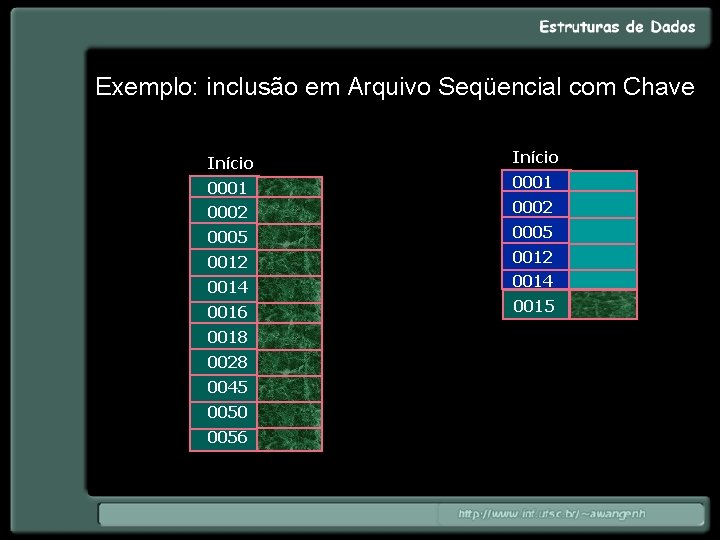 Exemplo: inclusão em Arquivo Seqüencial com Chave Início 0001 0002 0005 0012 0014 0016