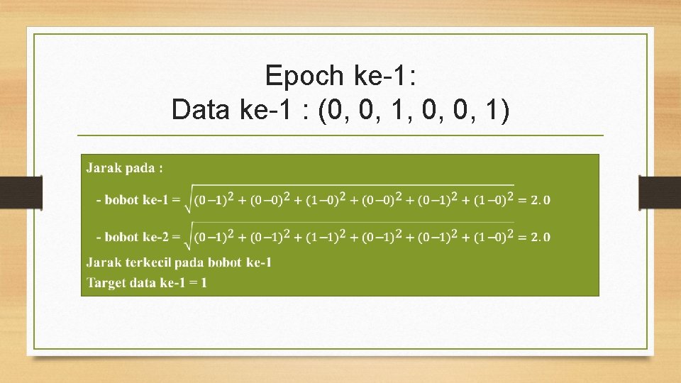 Epoch ke-1: Data ke-1 : (0, 0, 1, 0, 0, 1) 