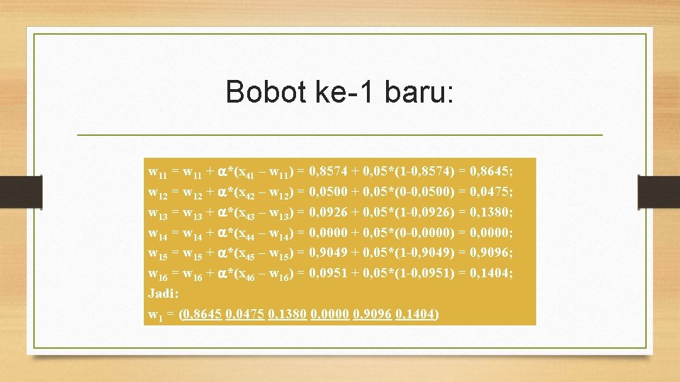 Bobot ke-1 baru: w 11 = w 11 + *(x 41 – w 11)