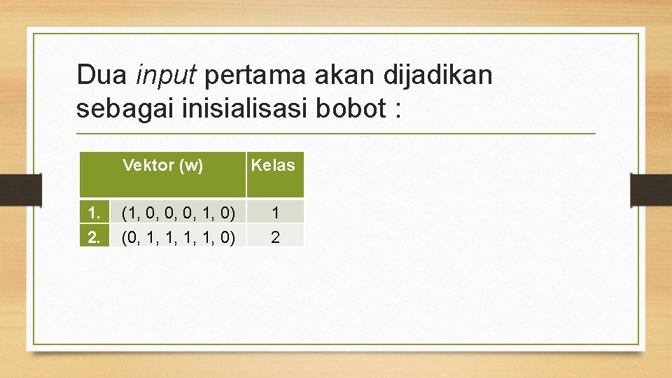 Dua input pertama akan dijadikan sebagai inisialisasi bobot : Vektor (w) 1. 2. (1,