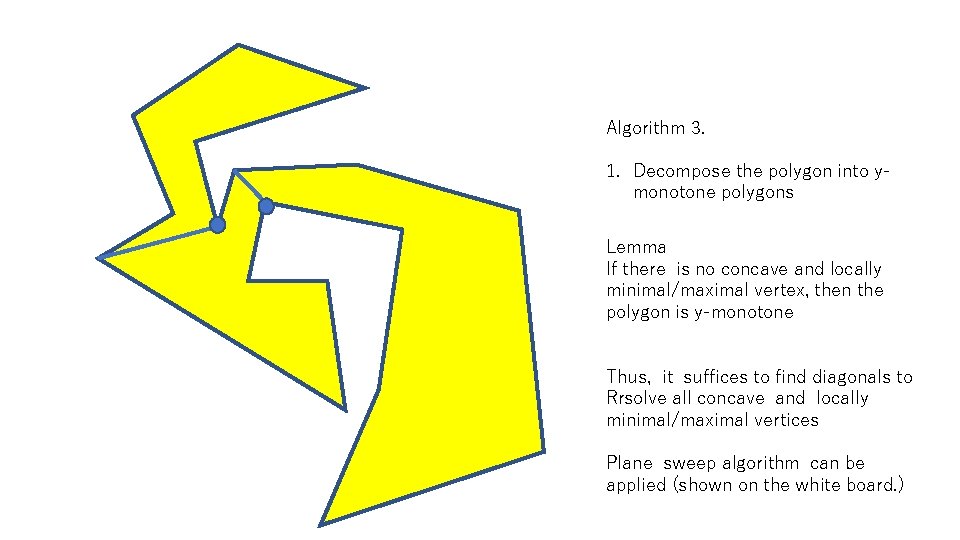Algorithm 3. 1. Decompose the polygon into ymonotone polygons Lemma If there is no