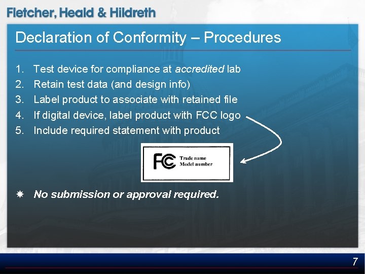 Declaration of Conformity – Procedures 1. 2. 3. 4. 5. Test device for compliance