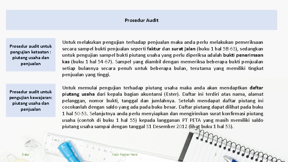 Prosedur Audit Prosedur audit untuk pengujian ketaatan : piutang usaha dan penjualan Prosedur audit