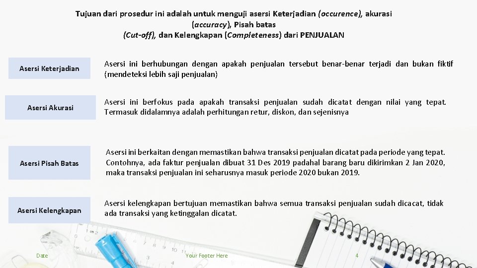 Tujuan dari prosedur ini adalah untuk menguji asersi Keterjadian (occurence), akurasi (accuracy), Pisah batas