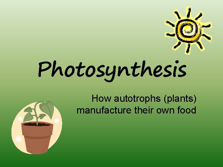 Photosynthesis How autotrophs (plants) manufacture their own food 