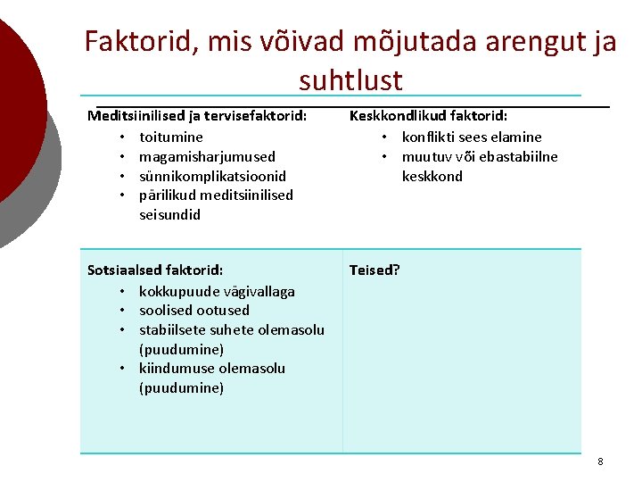 Faktorid, mis võivad mõjutada arengut ja suhtlust Meditsiinilised ja tervisefaktorid: • toitumine • magamisharjumused