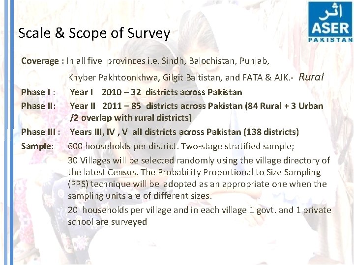 Scale & Scope of Survey Coverage : In all five provinces i. e. Sindh,