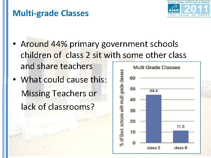 Multi-grade Classes • Around 44% primary government schools children of class 2 sit with