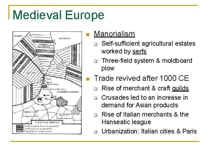 Medieval Europe n Manorialism q q n Self-sufficient agricultural estates worked by serfs Three-field Medieval Europe n Manorialism q q n Self-sufficient agricultural estates worked by serfs Three-field