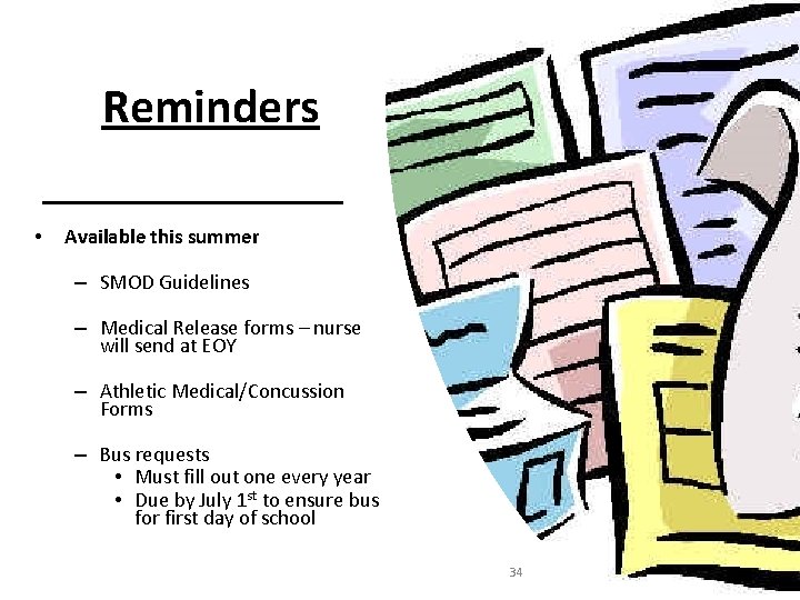 Reminders • Available this summer – SMOD Guidelines – Medical Release forms – nurse