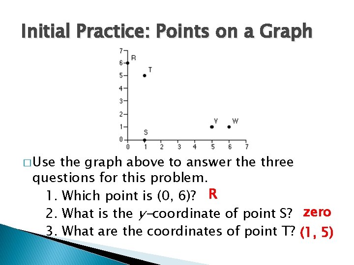 Initial Practice: Points on a Graph � Use the graph above to answer the
