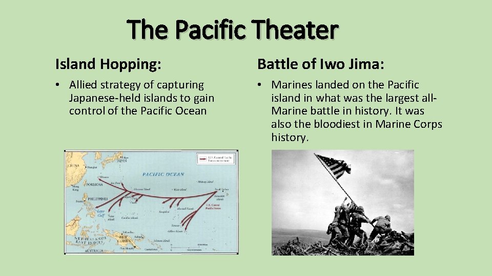 The Pacific Theater Island Hopping: Battle of Iwo Jima: • Allied strategy of capturing