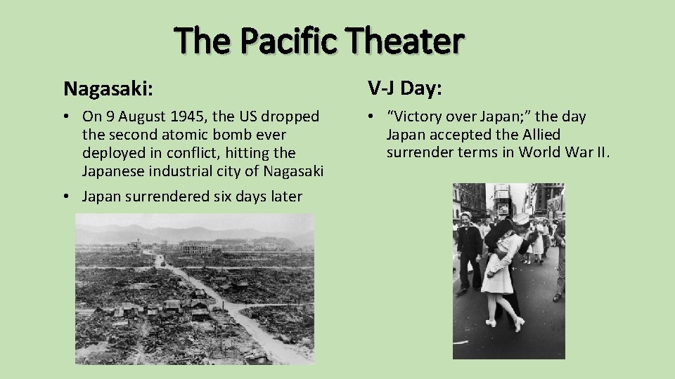 The Pacific Theater Nagasaki: V-J Day: • On 9 August 1945, the US dropped