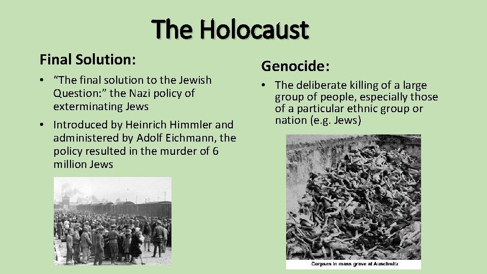 The Holocaust Final Solution: • “The final solution to the Jewish Question: ” the