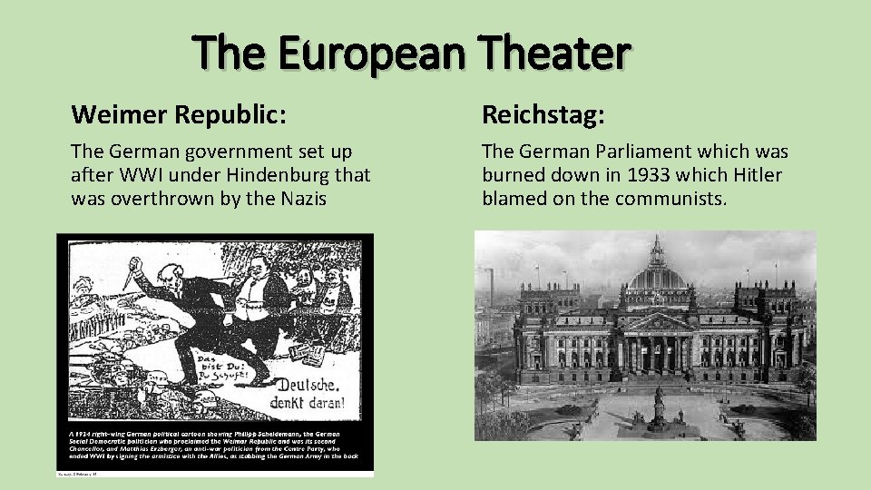 The European Theater Weimer Republic: Reichstag: The German government set up after WWI under