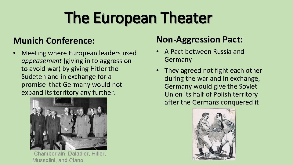 The European Theater Munich Conference: Non-Aggression Pact: • Meeting where European leaders used appeasement