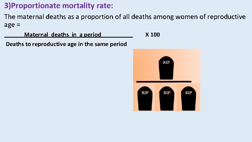 3)Proportionate mortality rate: The maternal deaths as a proportion of all deaths among women