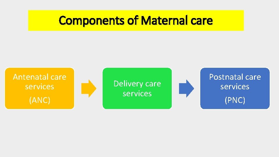 Components of Maternal care Antenatal care services (ANC) Delivery care services Postnatal care services