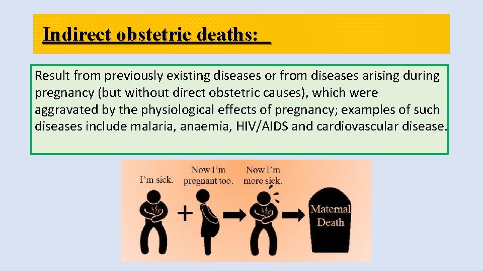 Indirect obstetric deaths: Result from previously existing diseases or from diseases arising during pregnancy