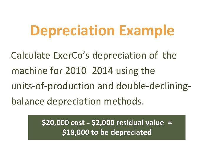 Depreciation Example Calculate Exer. Co’s depreciation of the machine for 2010– 2014 using the