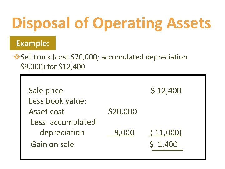 Disposal of Operating Assets Example: v. Sell truck (cost $20, 000; accumulated depreciation $9,