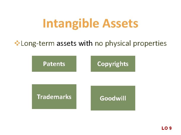 Intangible Assets v. Long-term assets with no physical properties Patents Copyrights Trademarks Goodwill LO