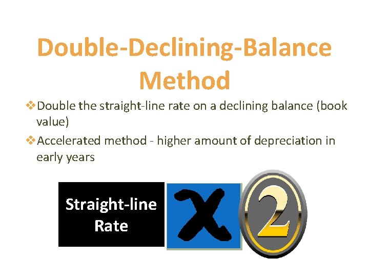 Double-Declining-Balance Method v. Double the straight-line rate on a declining balance (book value) v.