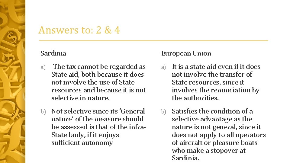 Answers to: 2 & 4 Sardinia European Union a) The tax cannot be regarded