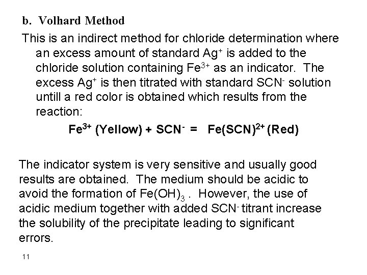 b. Volhard Method This is an indirect method for chloride determination where an excess
