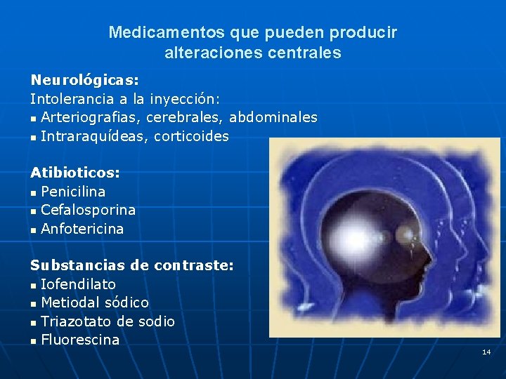 Medicamentos que pueden producir alteraciones centrales Neurológicas: Intolerancia a la inyección: n Arteriografias, cerebrales,