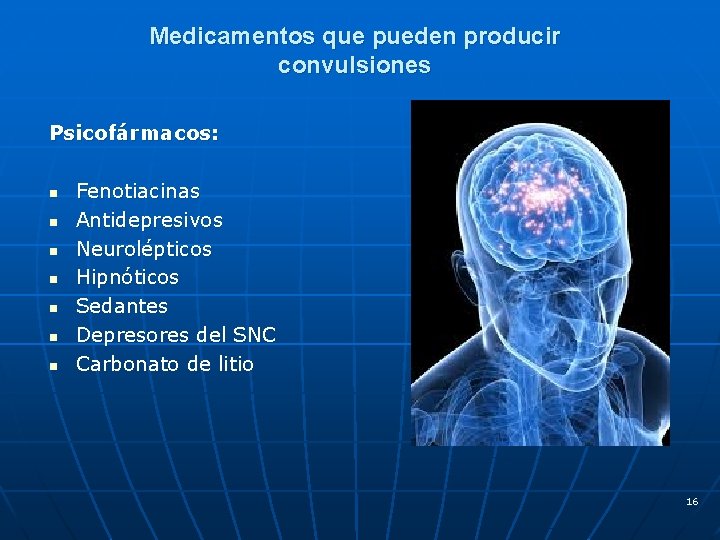 Medicamentos que pueden producir convulsiones Psicofármacos: n n n n Fenotiacinas Antidepresivos Neurolépticos Hipnóticos
