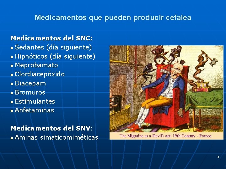 Medicamentos que pueden producir cefalea Medicamentos del SNC: n Sedantes (día siguiente) n Hipnóticos