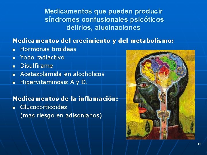 Medicamentos que pueden producir síndromes confusionales psicóticos delirios, alucinaciones Medicamentos del crecimiento y del