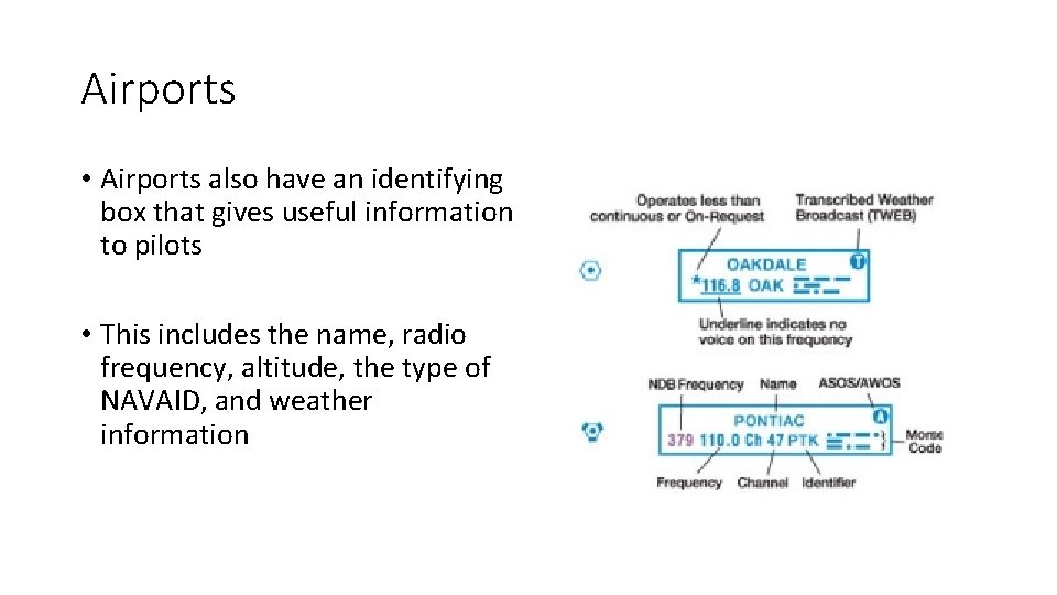 Airports • Airports also have an identifying box that gives useful information to pilots