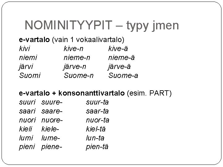 NOMINITYYPIT – typy jmen e-vartalo (vain 1 vokaalivartalo) kivi kive-n kive-ä niemi nieme-n nieme-ä