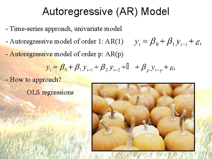 Autoregressive (AR) Model - Time-series approach, univariate model - Autoregressive model of order 1: