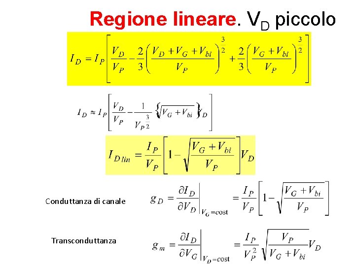 Regione lineare. VD piccolo Conduttanza di canale Transconduttanza 