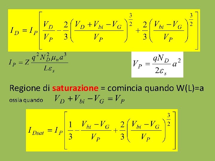 Regione di saturazione = comincia quando W(L)=a ossia quando 