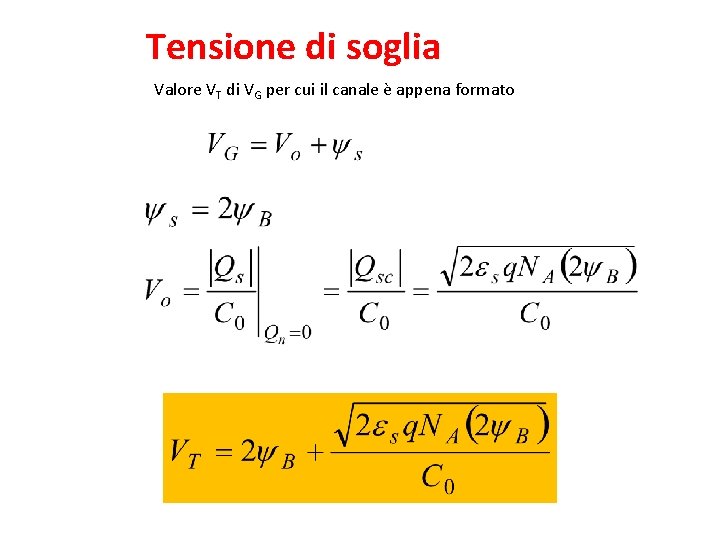 Tensione di soglia Valore VT di VG per cui il canale è appena formato