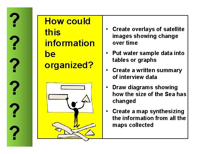 ? ? ? How could this information be organized? • Create overlays of satellite